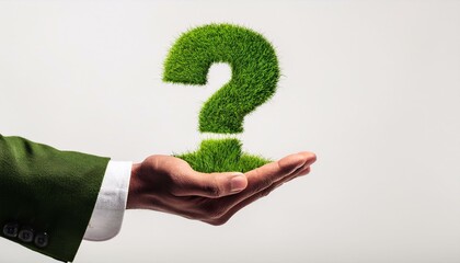 Hand holding a green grass question mark symbol, representing environmental questions, sustainability challenges, and eco-friendly solutions.