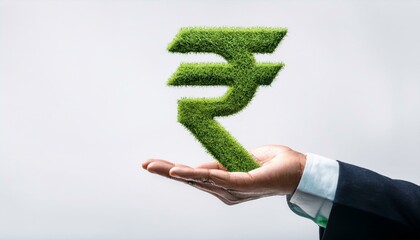 Hand holding a Rupee symbol made entirely of green grass. Sustainability and eco-finance concept, green loan and green mortgage concept, India rupee.