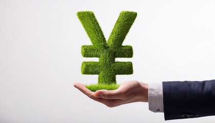 Obraz premium Hand holding a Yen symbol made entirely of green grass. Sustainability and eco-finance concept, green loan and green mortgage concept.