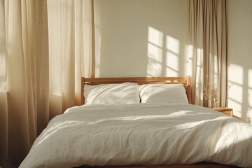 A peaceful bedroom features a large bed with white linens, softly illuminated by morning sunlight filtering through sheer curtains, creating a calm and inviting atmosphere
