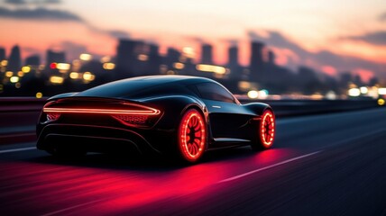 Naklejka premium Sleek car with neon lights on urban road.