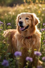 Playful golden retriever running joyfully through a grassy field, embodying energy and happiness in nature.