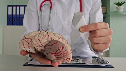 Doctor explains brain anatomy with model and holds grey tape concept. Brain oncology