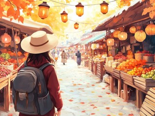 Obraz premium Woman exploring vibrant outdoor market.