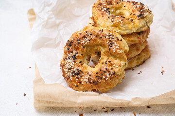 Homemade bagels with sesame, poppy, cottage cheese, cheese. Healthy food.