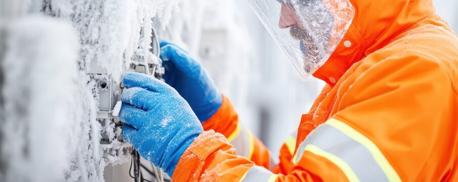Worker in orange gear fixing frozen equipment.