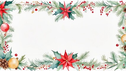 A white background with a red and green border, decorated with red poinsettias and green leaves with copy space