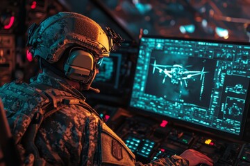 Soldier engages with advanced monitor showcasing drone imagery and military surveillance technology