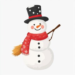 Festive Snowman with Top Hat and Red Scarf Holding a Broom