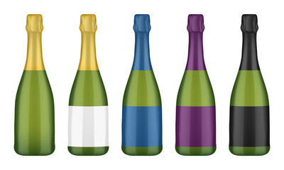 Champagne bottles. White, blue, purple and black labels. Green glass. Gold foil