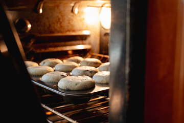 Looking at cooking blueberry muffins in an oven 