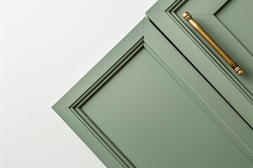 Obraz premium Cabinet door samples in market in a row. Green Kitchen wooden cabinet door, brass door handles, furniture isolated on white. Chic look in the room. Trendy interior units. Home improvement concept.