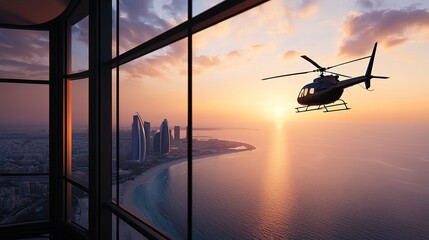 Helicopter tour at burj al arab dubai aerial photography sunset view luxury experience high-resolution gigapixel