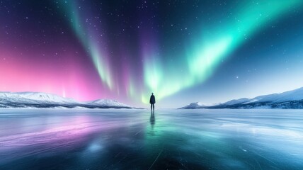 Stunning aurora borealis over icy terrain.