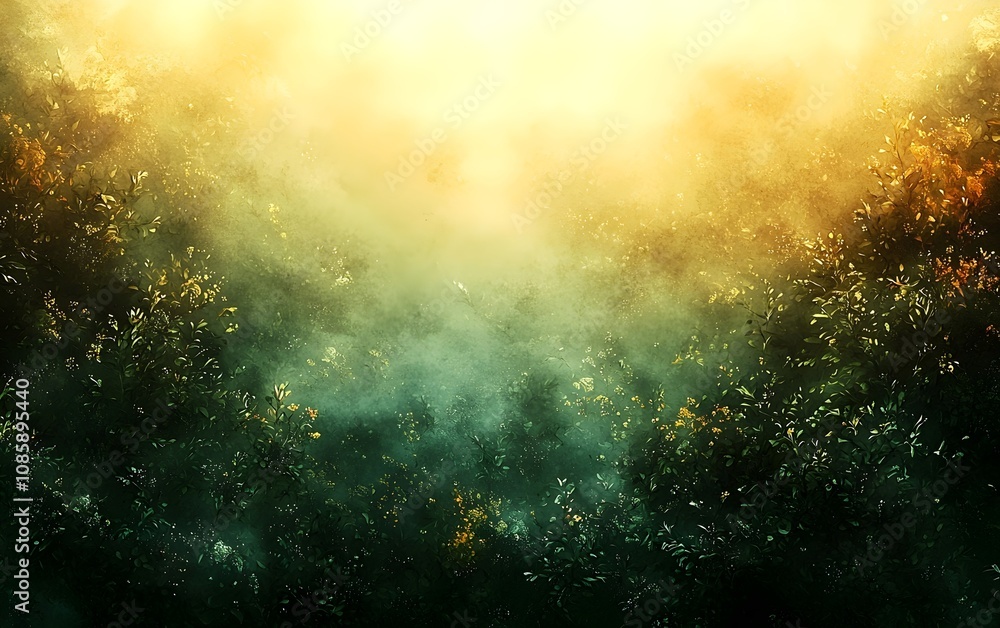 Poster a serene forest scene illuminated by soft, golden sunlight filtering through the mist, creating a tr