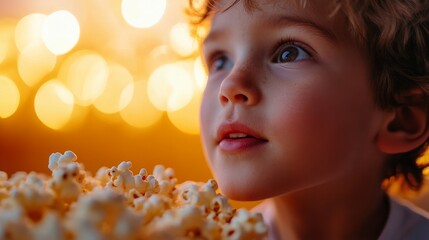 Fototapeta premium Child enjoying popcorn at a movie night home living room family activity cozy atmosphere close-up perspective joyful experience