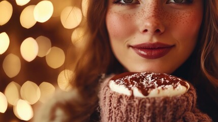 Naklejka premium Cozy winter moments indoor cafe lifestyle photo warm atmosphere close-up view indulging in hot chocolate