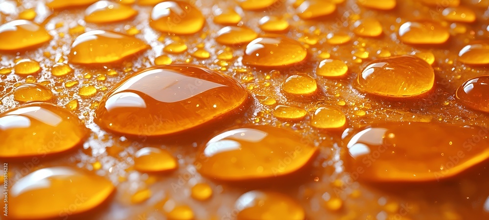 Poster close-up view of vibrant orange droplets on a smooth surface, showcasing intricate reflections and a