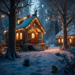 Santa’s magical workshop in an enchanted forest