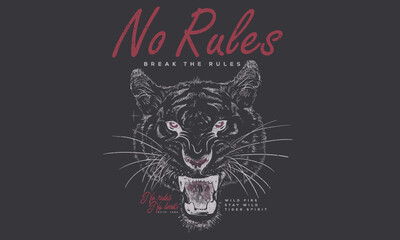 No rules. Rock and roll graphic print design for apparel, stickers, posters and background. Rock star design. Tiger face vector artwork for t shirt and others. Breck the rules.