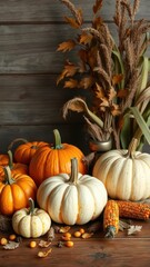 Rustic Thanksgiving display with pumpkins and corn on wooden table, Thanksgiving, rustic