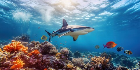 Fototapeta premium A great reef shark gliding effortlessly through the water, with a small group of Moorish idol fish swimming nearby