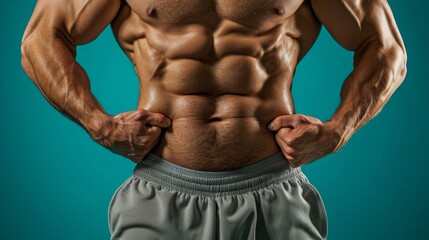 Fototapeta premium Fitness achievement showcase muscular male physique studio setting health photography athletic environment intense viewpoint