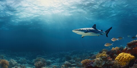 Fototapeta premium A great reef shark gliding effortlessly through the water, with a small group of Moorish idol fish swimming nearby