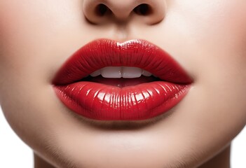 Obraz premium Closeup macro portrait of female part of face. Human woman lips with day beauty makeup. Girl with perfect plump lips shape.