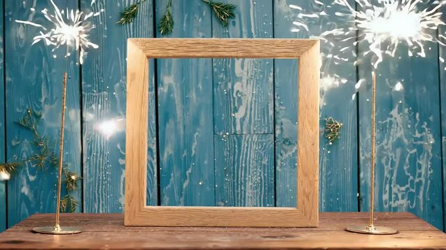 Celebrate 2025 New Year rustic blue wooden background sparklers framing setting stage festive party greeting frame sparkler wood table wall banner