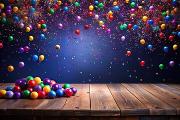 Colorful balls and confetti on table with black and purple background