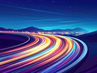 Vibrant night highway with colorful light trails.