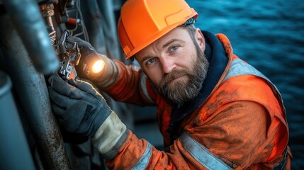 Near the water at twilight, a man in an orange safety vest and helmet carefully inspects machinery using a flashlight to ensure proper functioning while engaged in maintenance work
