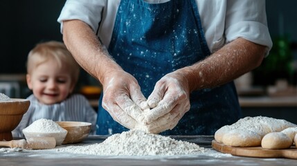 Fototapeta premium child smiles with delight as an adult prepares fresh dough at a kitchen table. Flour is scattered everywhere, creating a fun and messy baking environment filled with warmth and joy