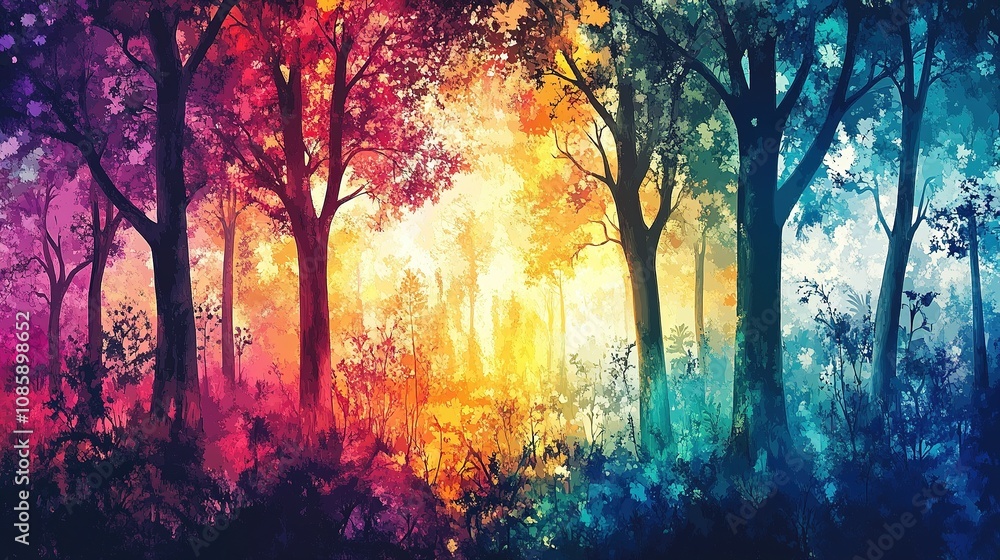 Poster vibrant enchanted forest with multicolored light filtering through trees.