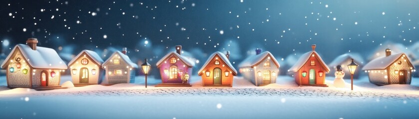 Naklejka premium Snowy village with charming lit houses.