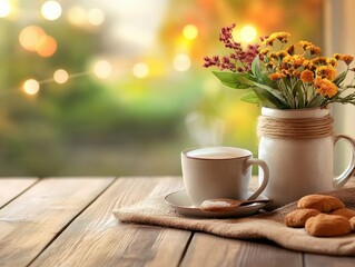Cozy indoor setting with a cup of coffee, fresh flowers in a jar, and warm lighting, creating a welcoming atmosphere