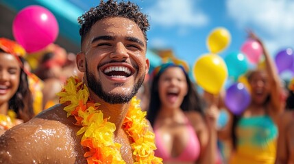 young man enjoys a lively summer beach party surrounded by friends, wearing a flower necklace and smiling widely as colorful balloons float in the sunny atmosphere