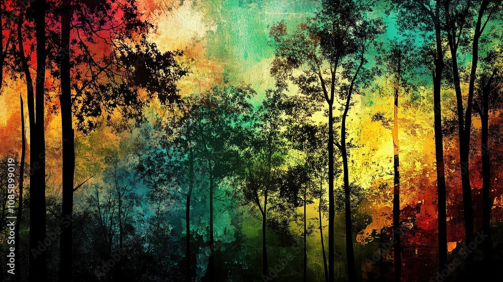 Poster vibrant enchanted forest with multicolored light filtering through trees.