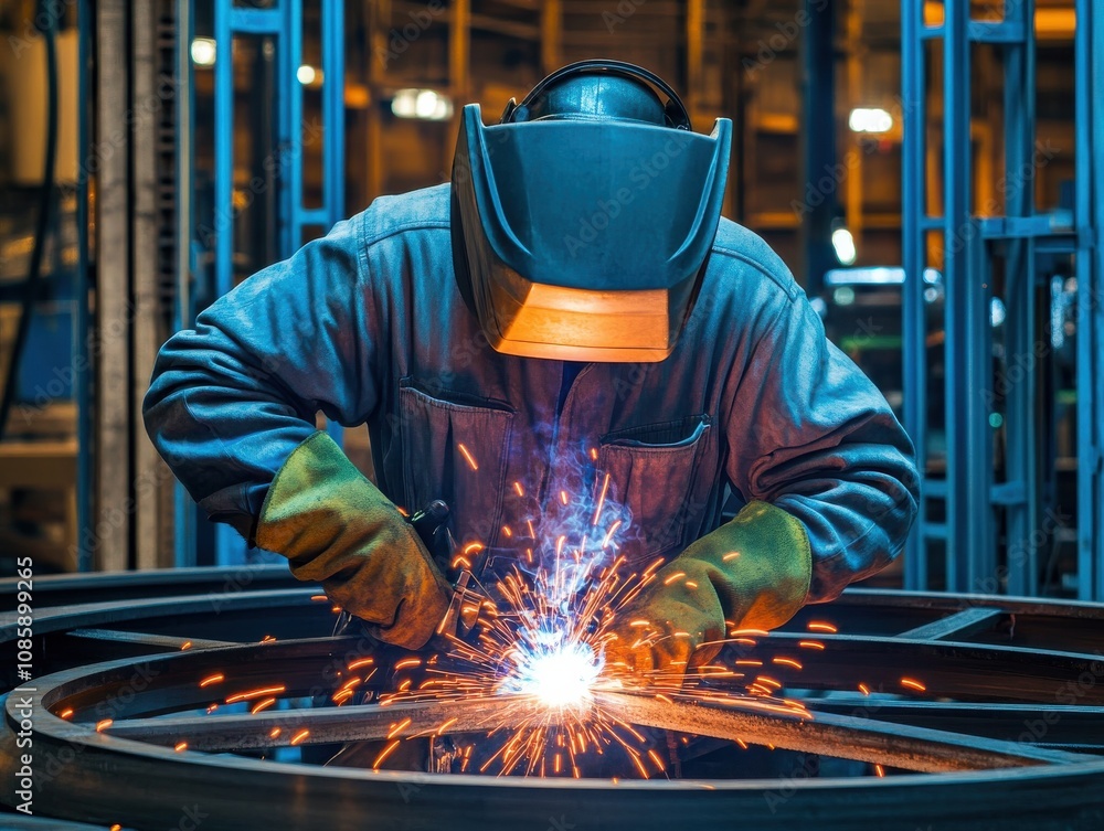 Poster welder working with sparks in a factory setting.