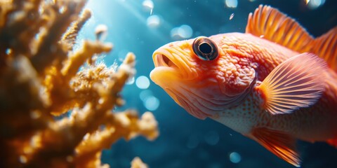 Fototapeta premium A fish swimming next to a bright, neon-colored coral