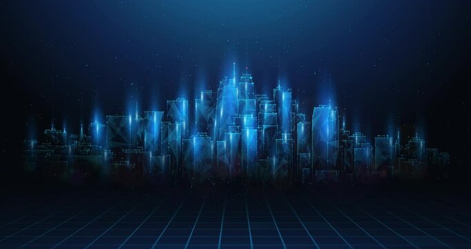 Abstract animation of low poly future city building. Digital smart futuristic cityscape, innovation skyline business concept by wireframe mesh. 4K looped motion graphic on blue background