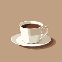 Obraz premium A white coffee cup with a white saucer sits on a table. The cup is filled with dark coffee, and the saucer is empty. Concept of calm and relaxation