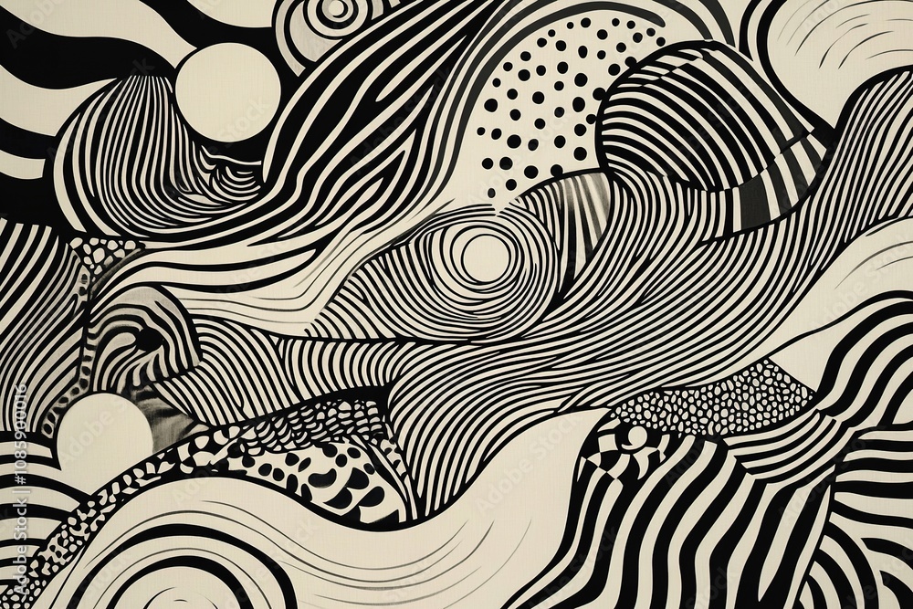 Poster monochrome abstract pattern with wavy and circular lines.