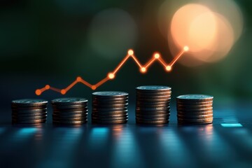 Stacked coins with glowing upward trend line