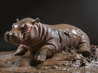 Fototapeta premium Playful baby hippo mud bath wildlife sanctuary animal photography indoor close-up
