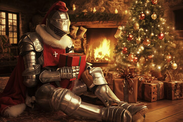 Medieval Knight in Armor Celebrating Christmas by the Fireplace with Gifts and Decorated Tree