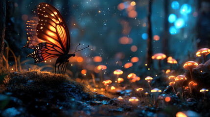 Glowing Butterfly with Mushrooms in Forest