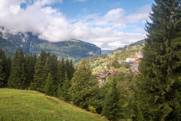 The village of Wengen behind a pine forest and under a blue sky with clouds, Switzerland