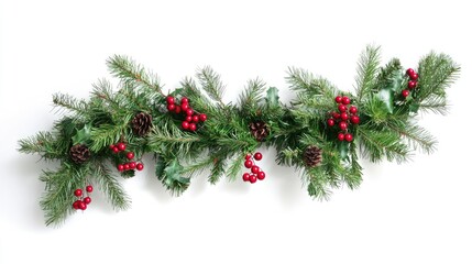 A holiday garland, festive decoration, lush evergreen with red berries, hyper-realistic style, isolated on white background